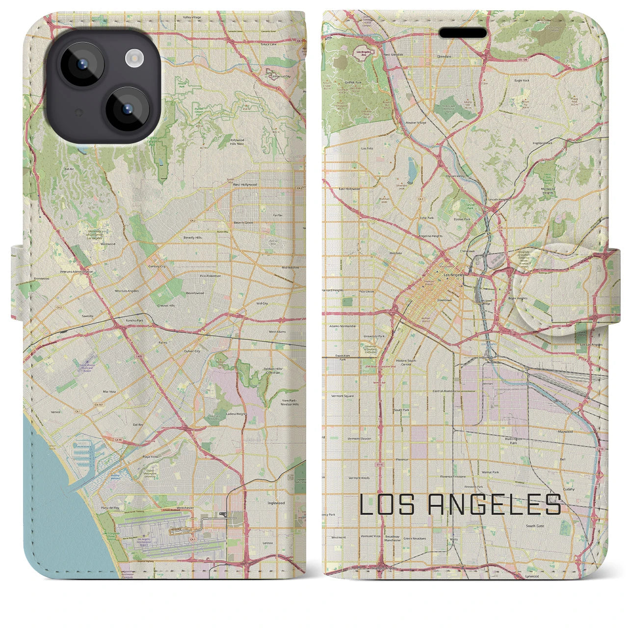 【ロサンゼルス】地図柄iPhoneケース（手帳両面タイプ・ナチュラル）iPhone 14 Plus 用