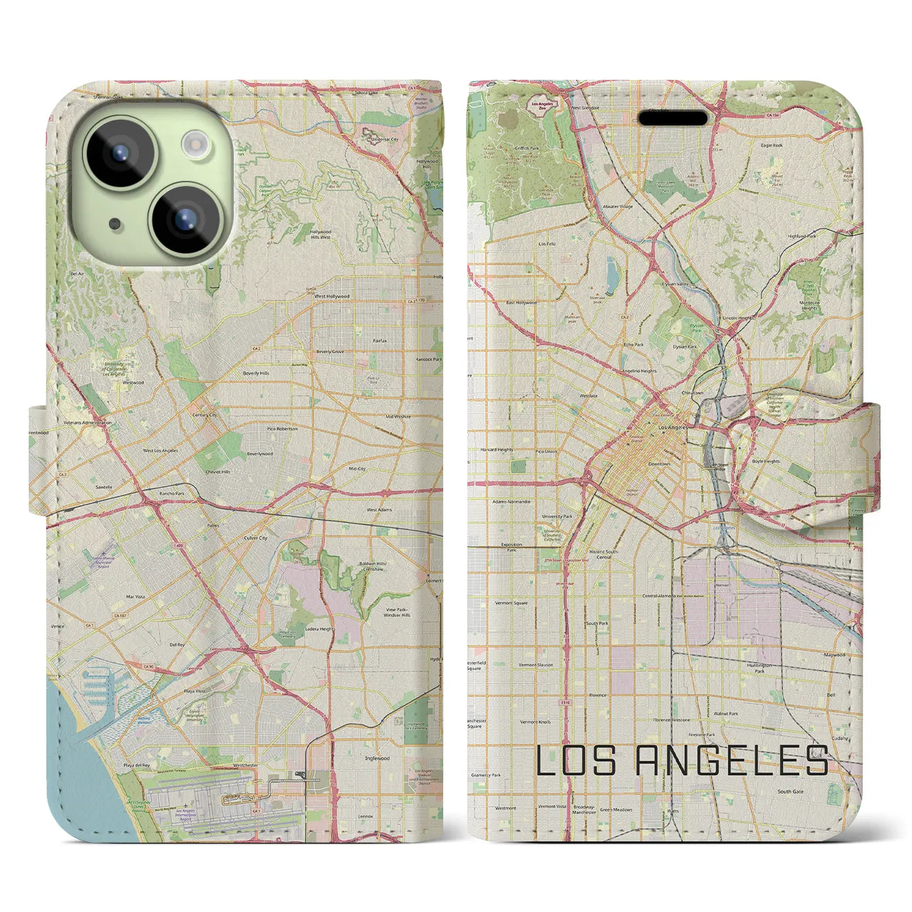 【ロサンゼルス】地図柄iPhoneケース（手帳両面タイプ・ナチュラル）iPhone 15 用
