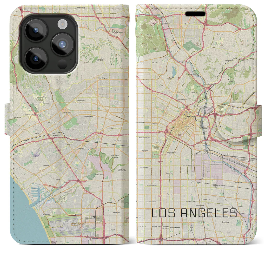 【ロサンゼルス】地図柄iPhoneケース（手帳両面タイプ・ナチュラル）iPhone 15 Pro Max 用