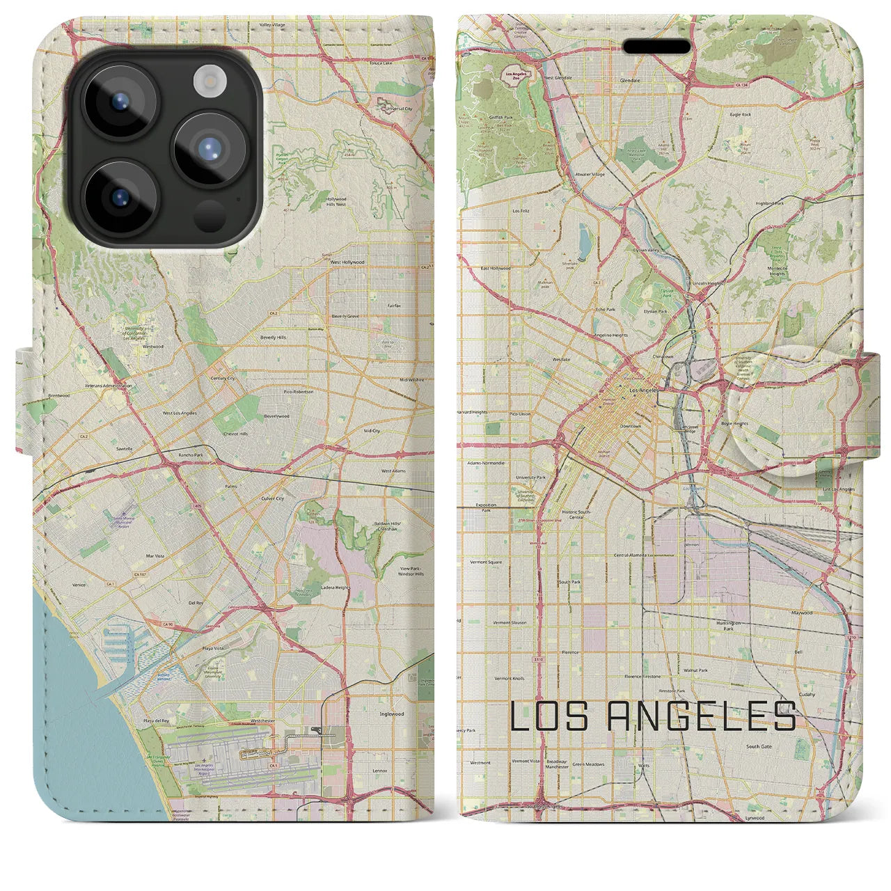 【ロサンゼルス】地図柄iPhoneケース（手帳両面タイプ・ナチュラル）iPhone 15 Pro Max 用