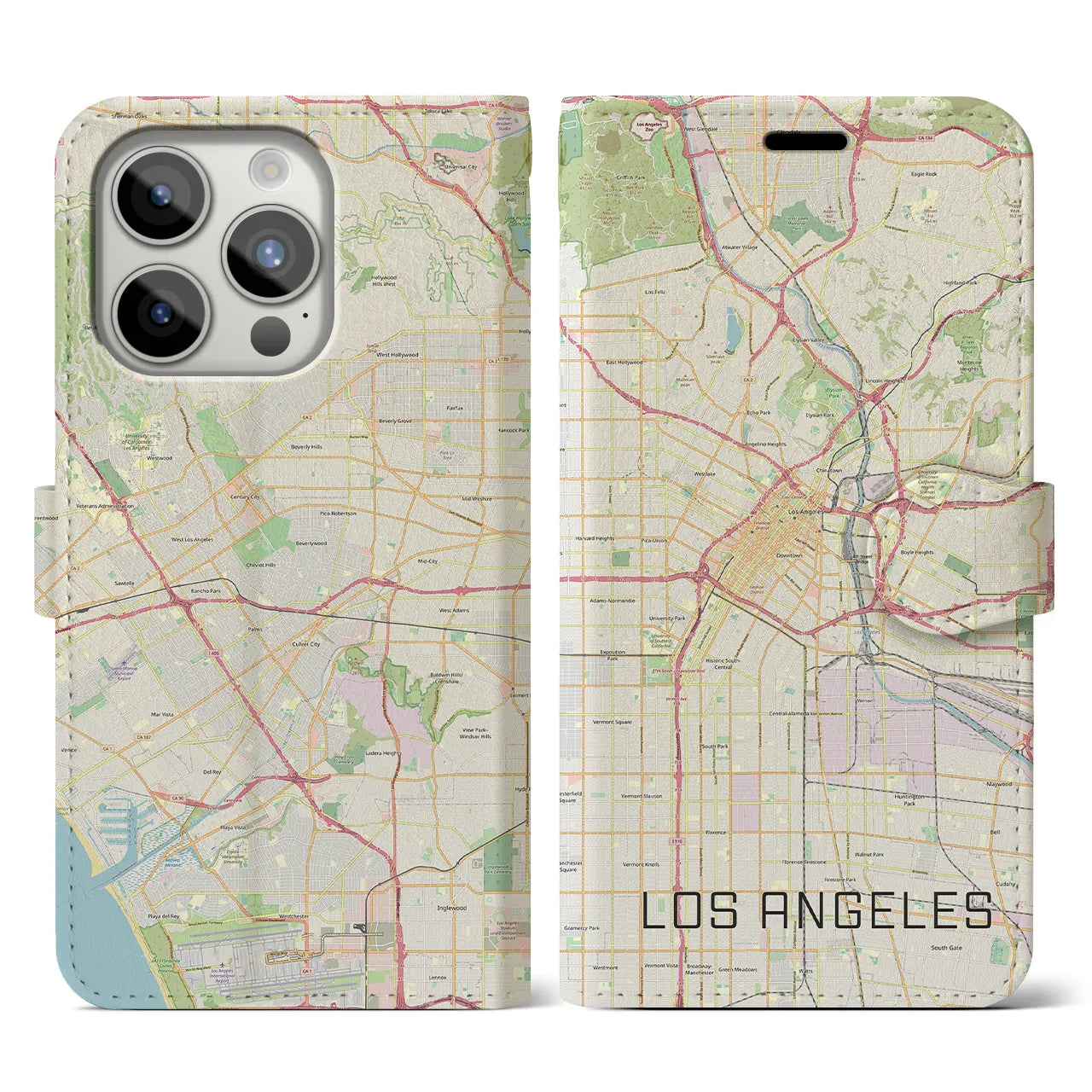 【ロサンゼルス】地図柄iPhoneケース（手帳両面タイプ・ナチュラル）iPhone 15 Pro 用