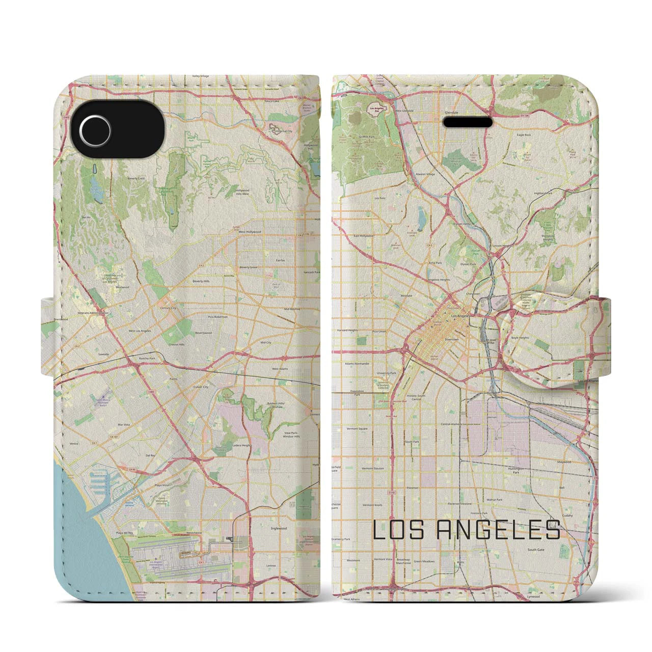 【ロサンゼルス】地図柄iPhoneケース（手帳両面タイプ・ナチュラル）iPhone SE（第3 / 第2世代） / 8 / 7 / 6s / 6 用