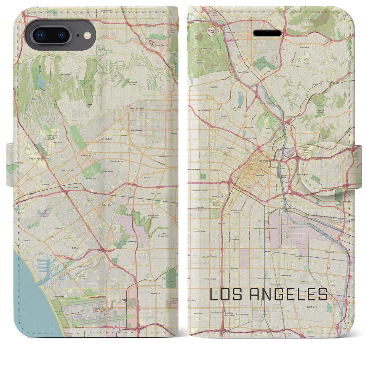 【ロサンゼルス】地図柄iPhoneケース（手帳両面タイプ・ナチュラル）iPhone 8Plus /7Plus / 6sPlus / 6Plus 用