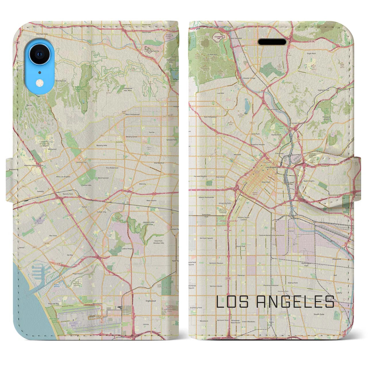 【ロサンゼルス】地図柄iPhoneケース（手帳両面タイプ・ナチュラル）iPhone XR 用