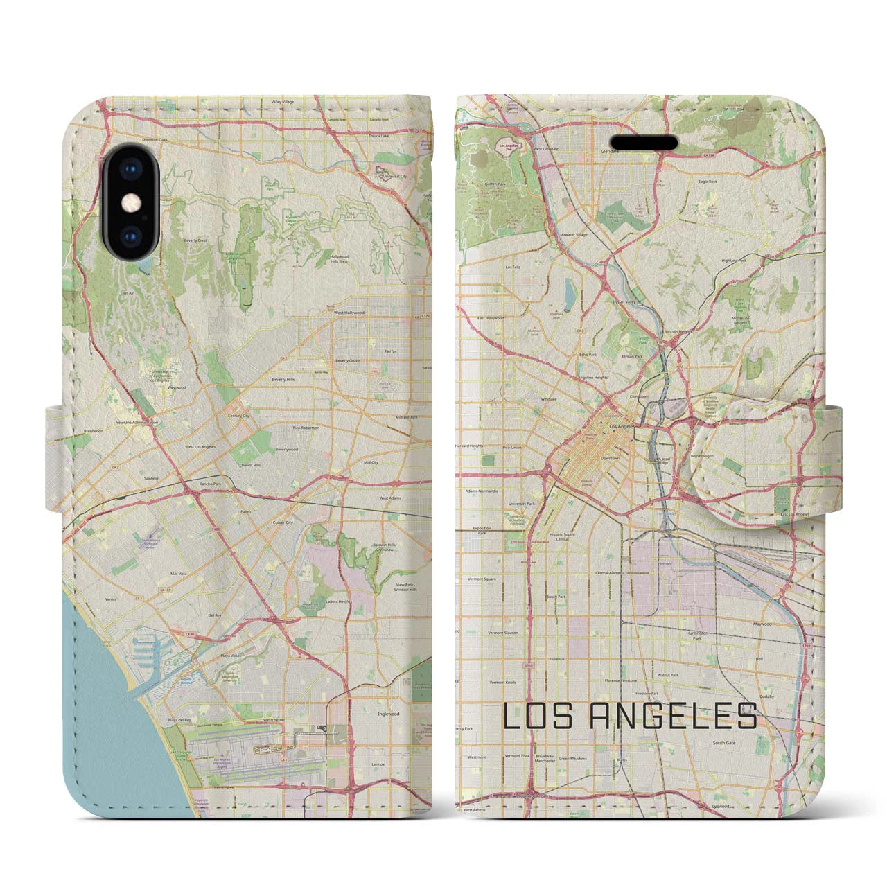 【ロサンゼルス】地図柄iPhoneケース（手帳両面タイプ・ナチュラル）iPhone XS / X 用
