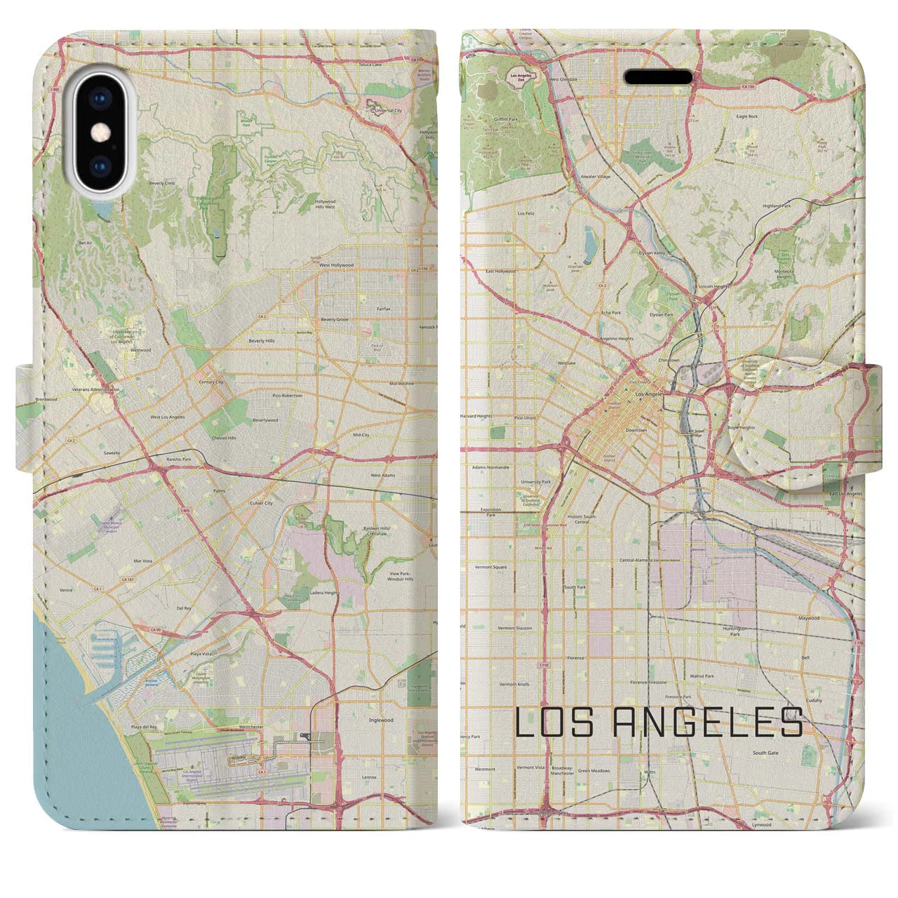 【ロサンゼルス】地図柄iPhoneケース（手帳両面タイプ・ナチュラル）iPhone XS Max 用