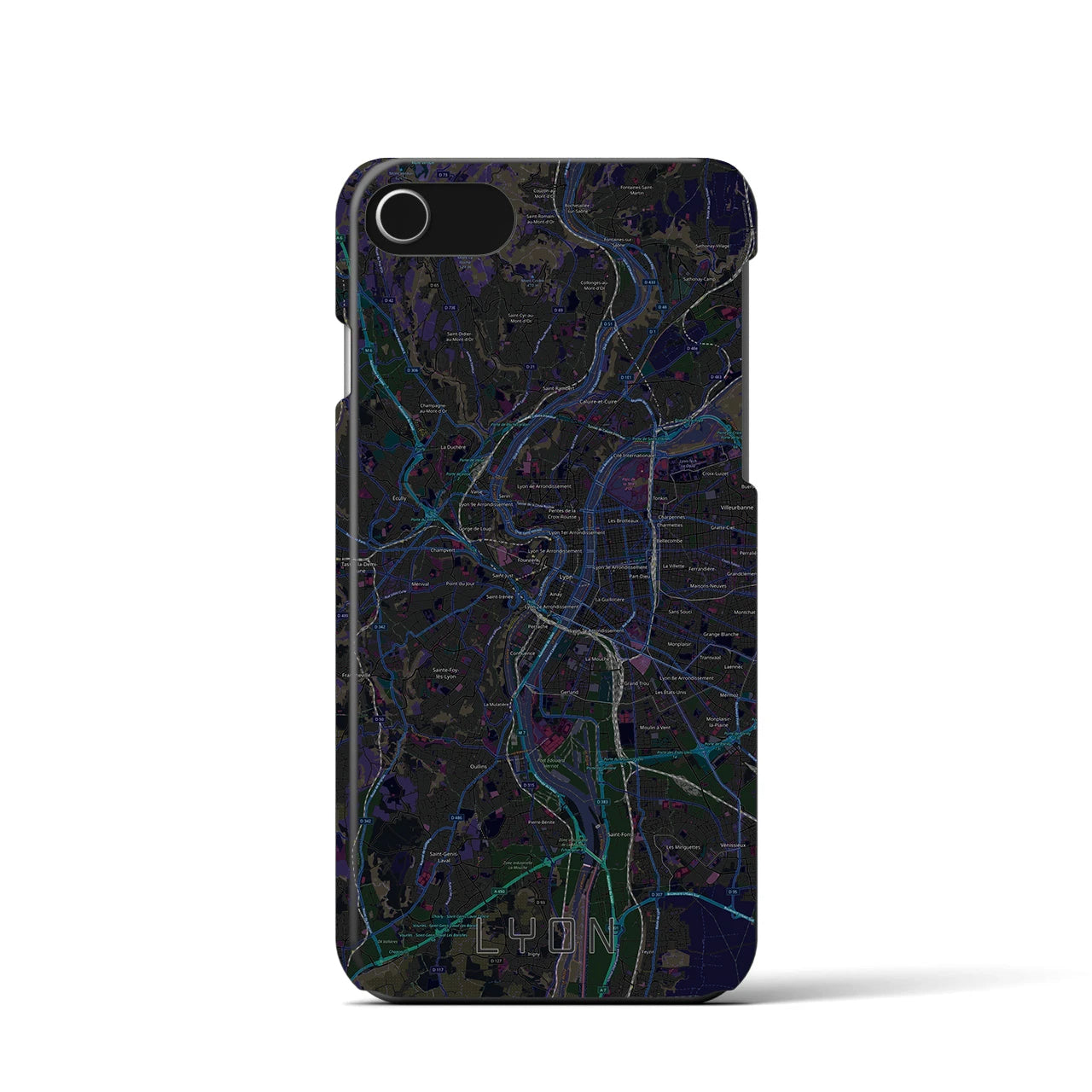 【リヨン】地図柄iPhoneケース（バックカバータイプ・ブラック）iPhone SE（第3 / 第2世代） / 8 / 7 / 6s / 6 用