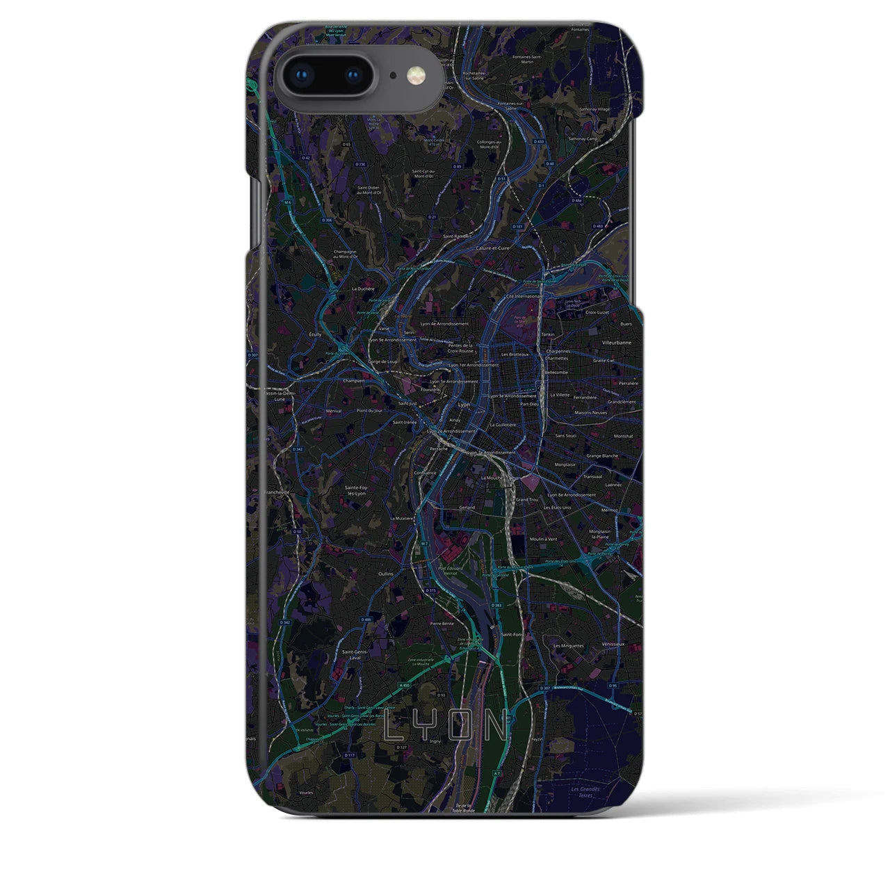 【リヨン】地図柄iPhoneケース（バックカバータイプ・ブラック）iPhone 8Plus /7Plus / 6sPlus / 6Plus 用