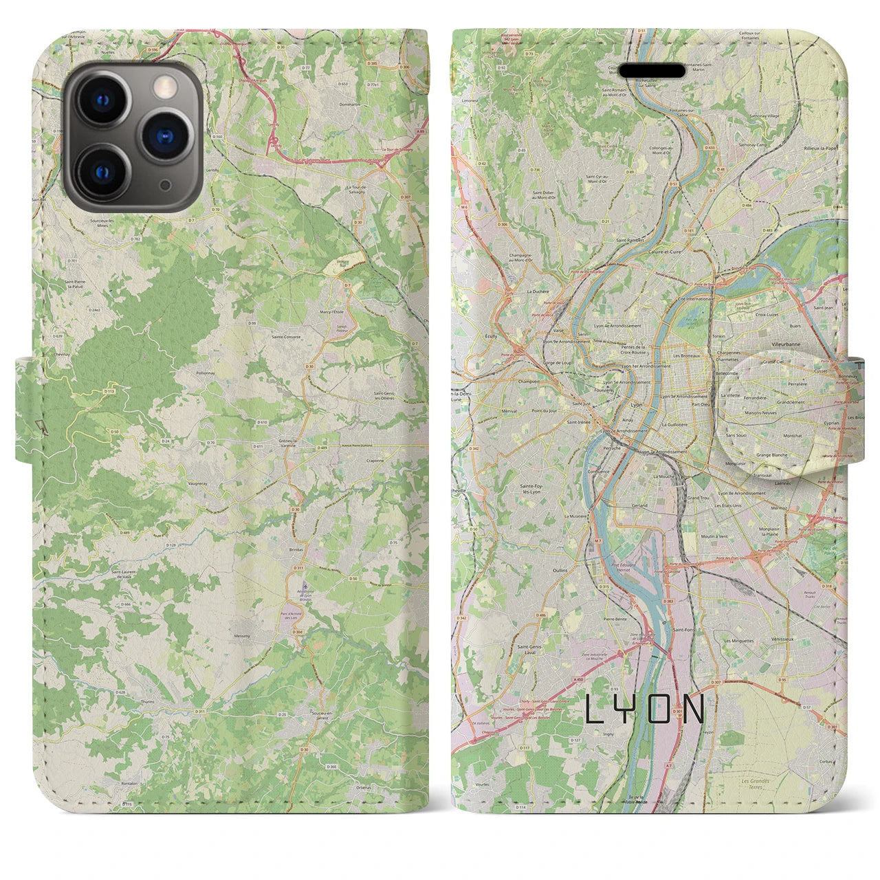 【リヨン】地図柄iPhoneケース（手帳両面タイプ・ナチュラル）iPhone 11 Pro Max 用