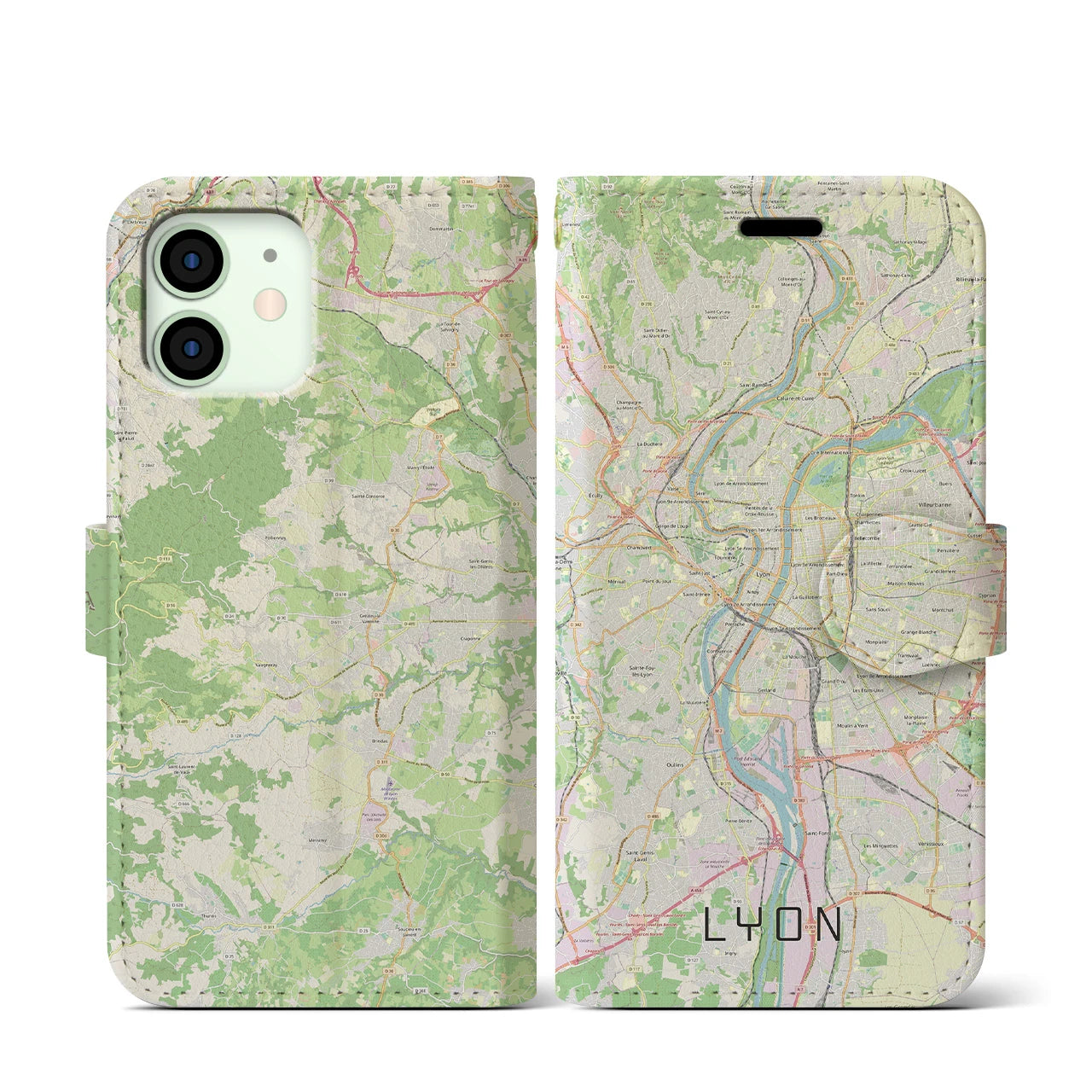 【リヨン】地図柄iPhoneケース（手帳両面タイプ・ナチュラル）iPhone 12 mini 用