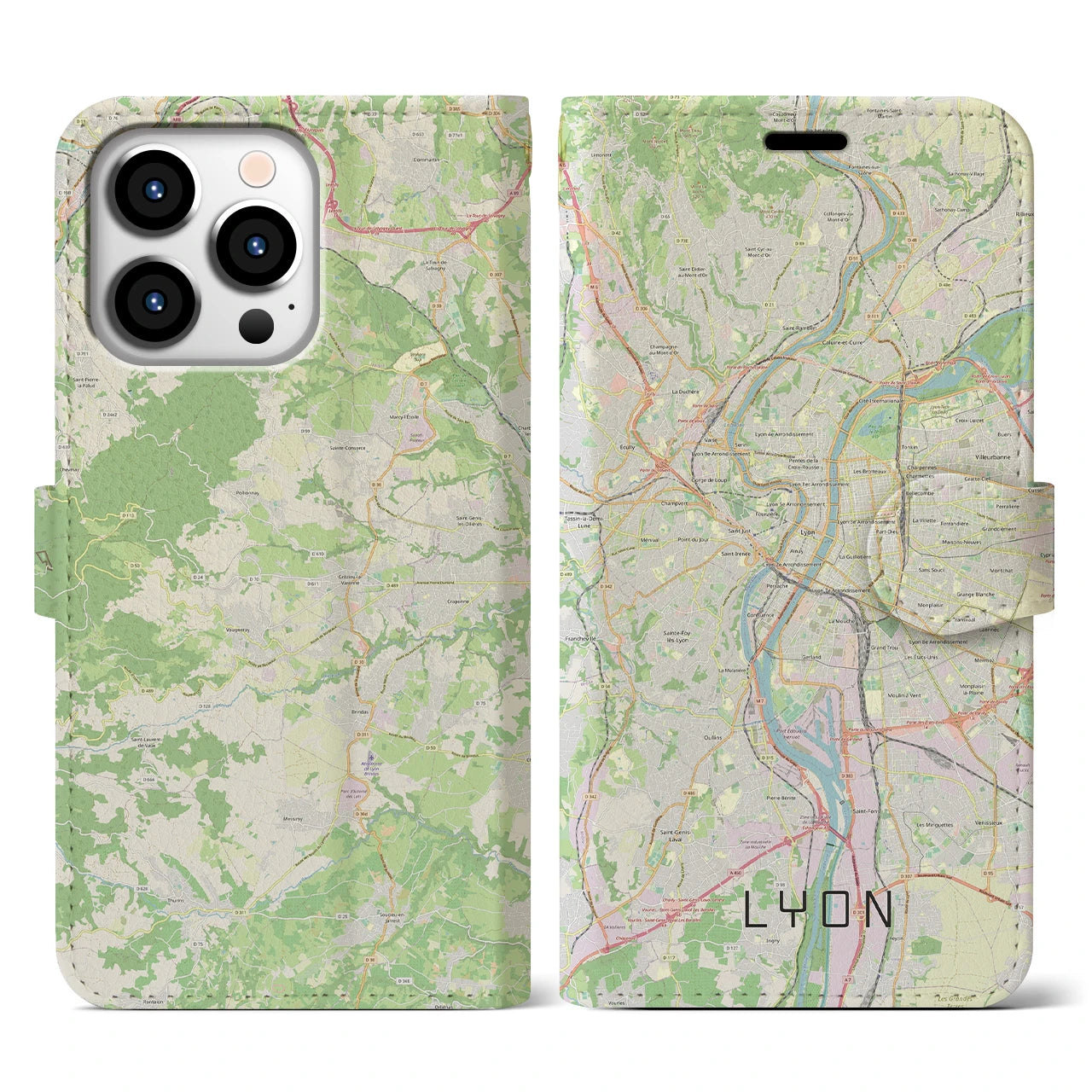 【リヨン】地図柄iPhoneケース（手帳両面タイプ・ナチュラル）iPhone 13 Pro 用