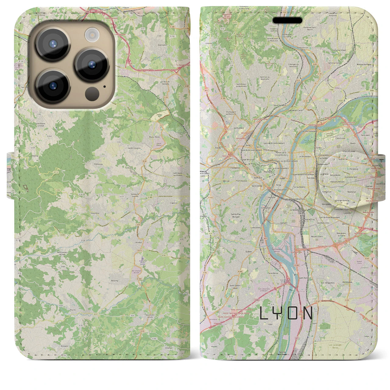 【リヨン】地図柄iPhoneケース（手帳両面タイプ・ナチュラル）iPhone 14 Pro Max 用