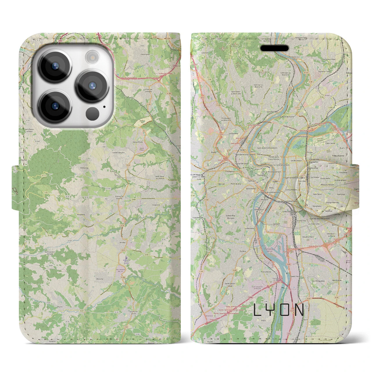 【リヨン】地図柄iPhoneケース（手帳両面タイプ・ナチュラル）iPhone 14 Pro 用
