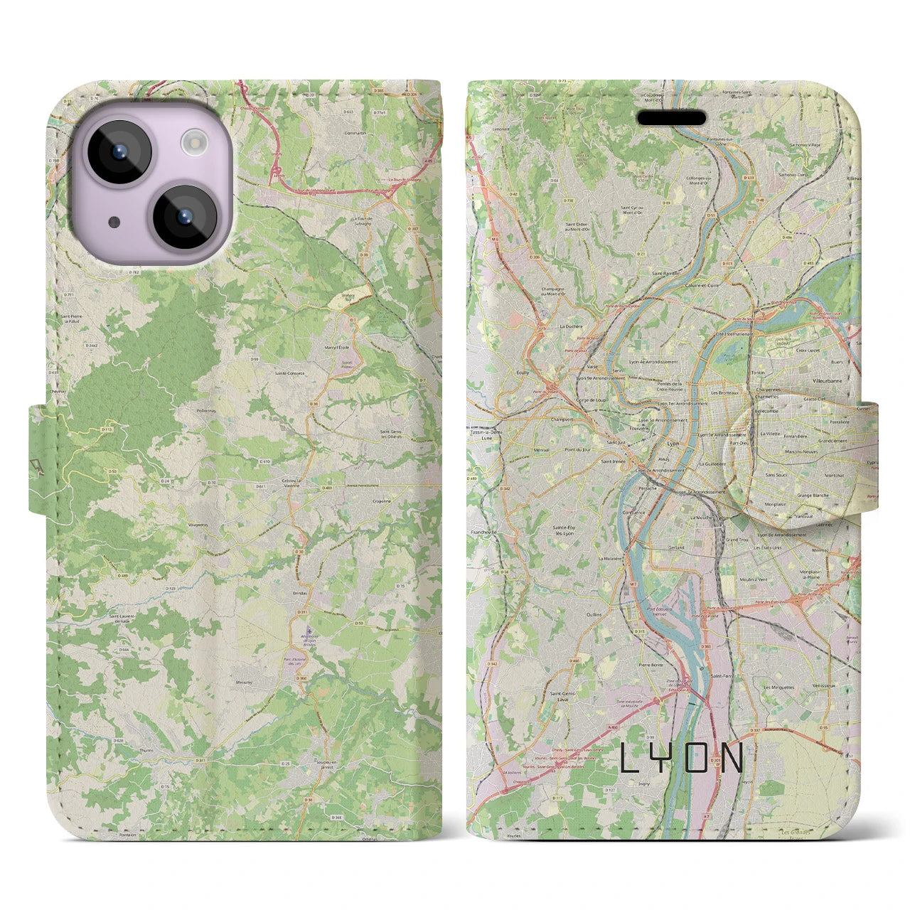 【リヨン】地図柄iPhoneケース（手帳両面タイプ・ナチュラル）iPhone 14 用
