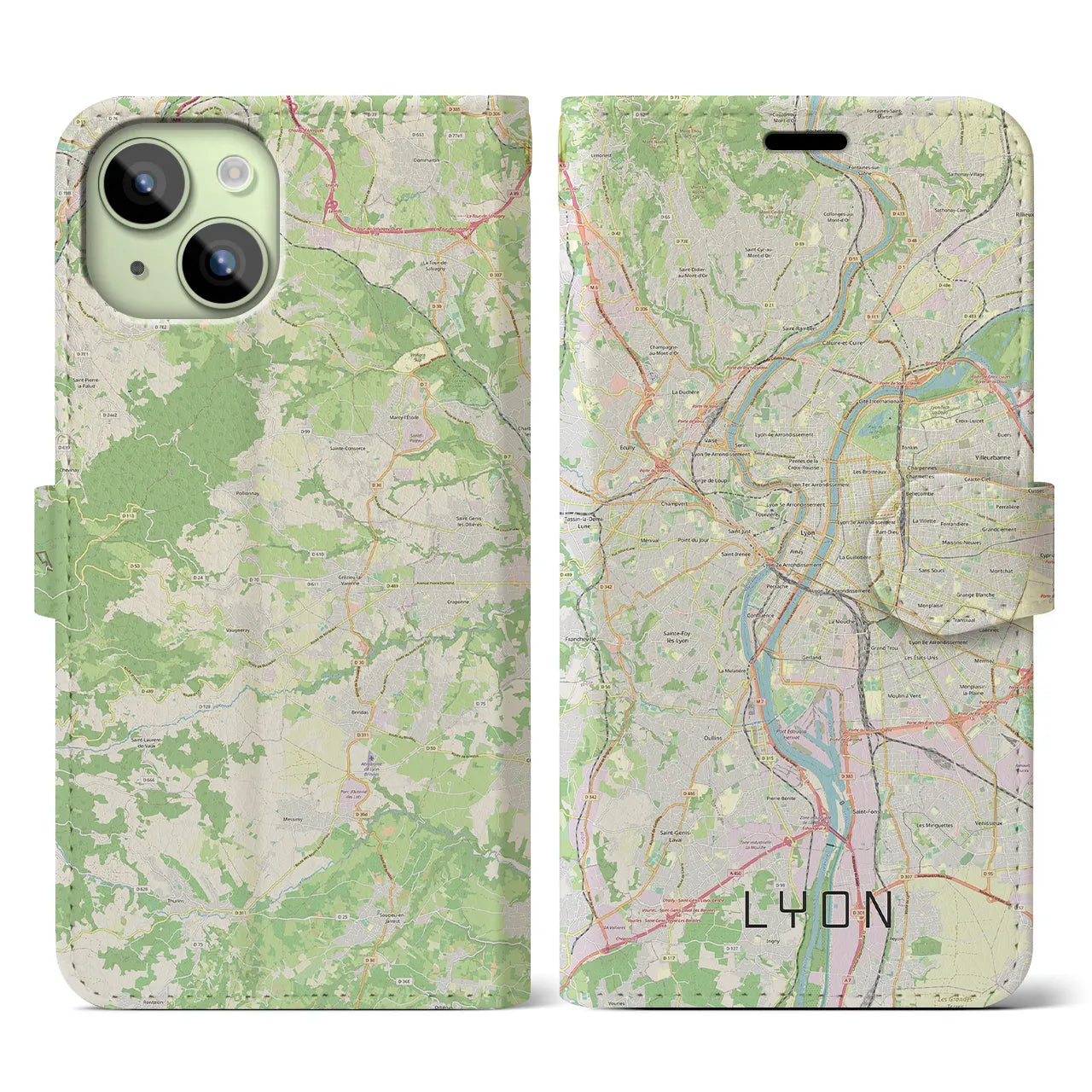 【リヨン】地図柄iPhoneケース（手帳両面タイプ・ナチュラル）iPhone 15 用