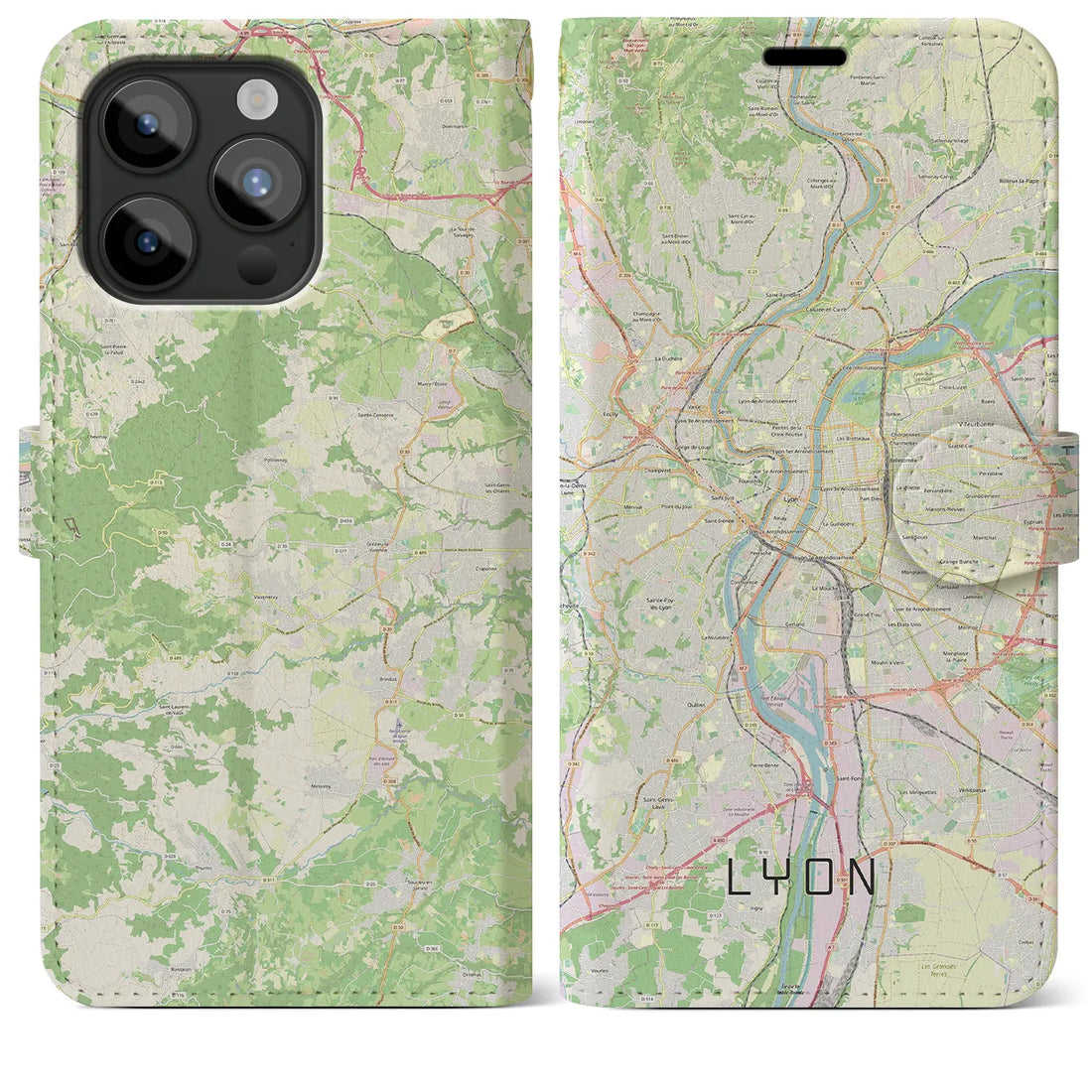 【リヨン】地図柄iPhoneケース（手帳両面タイプ・ナチュラル）iPhone 15 Pro Max 用