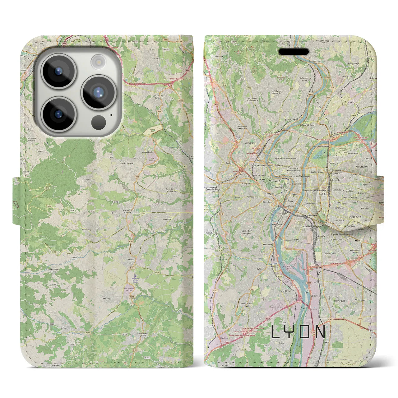 【リヨン】地図柄iPhoneケース（手帳両面タイプ・ナチュラル）iPhone 15 Pro 用