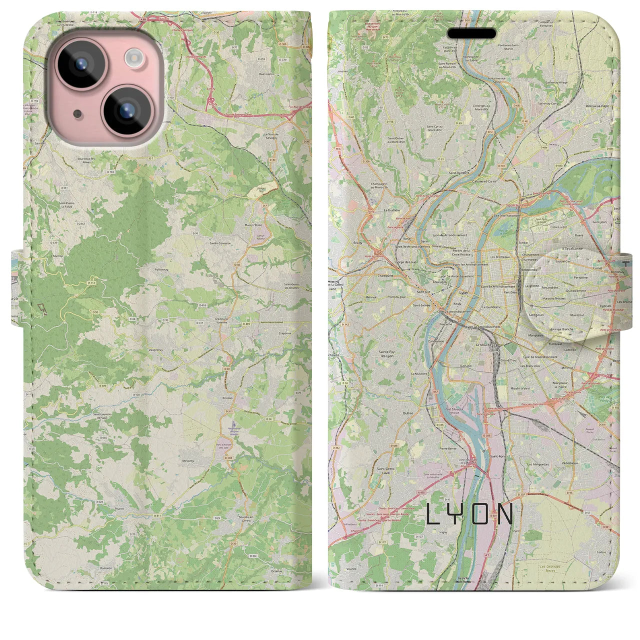 【リヨン】地図柄iPhoneケース（手帳両面タイプ・ナチュラル）iPhone 15 Plus 用