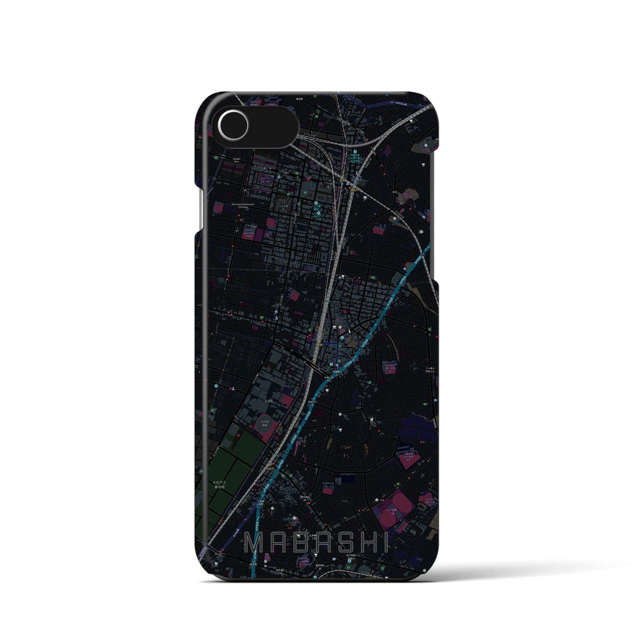 【馬橋】地図柄iPhoneケース（バックカバータイプ・ブラック）iPhone SE（第3 / 第2世代） / 8 / 7 / 6s / 6 用