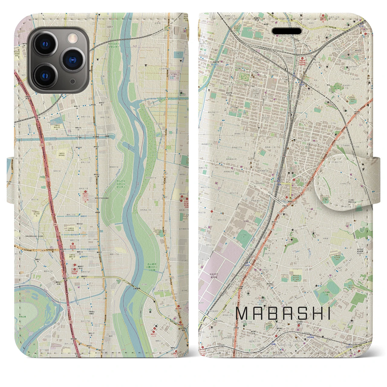 【馬橋】地図柄iPhoneケース（手帳両面タイプ・ナチュラル）iPhone 11 Pro Max 用