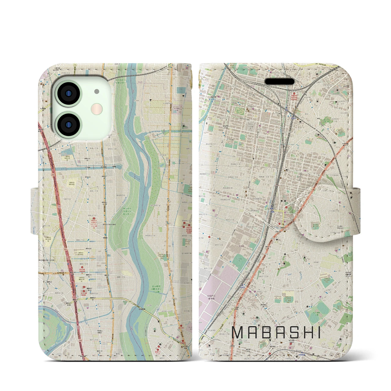 【馬橋】地図柄iPhoneケース（手帳両面タイプ・ナチュラル）iPhone 12 mini 用