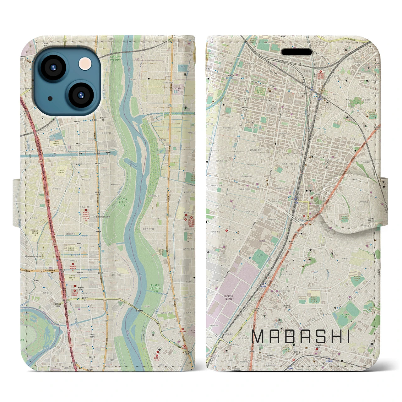 【馬橋】地図柄iPhoneケース（手帳両面タイプ・ナチュラル）iPhone 13 用