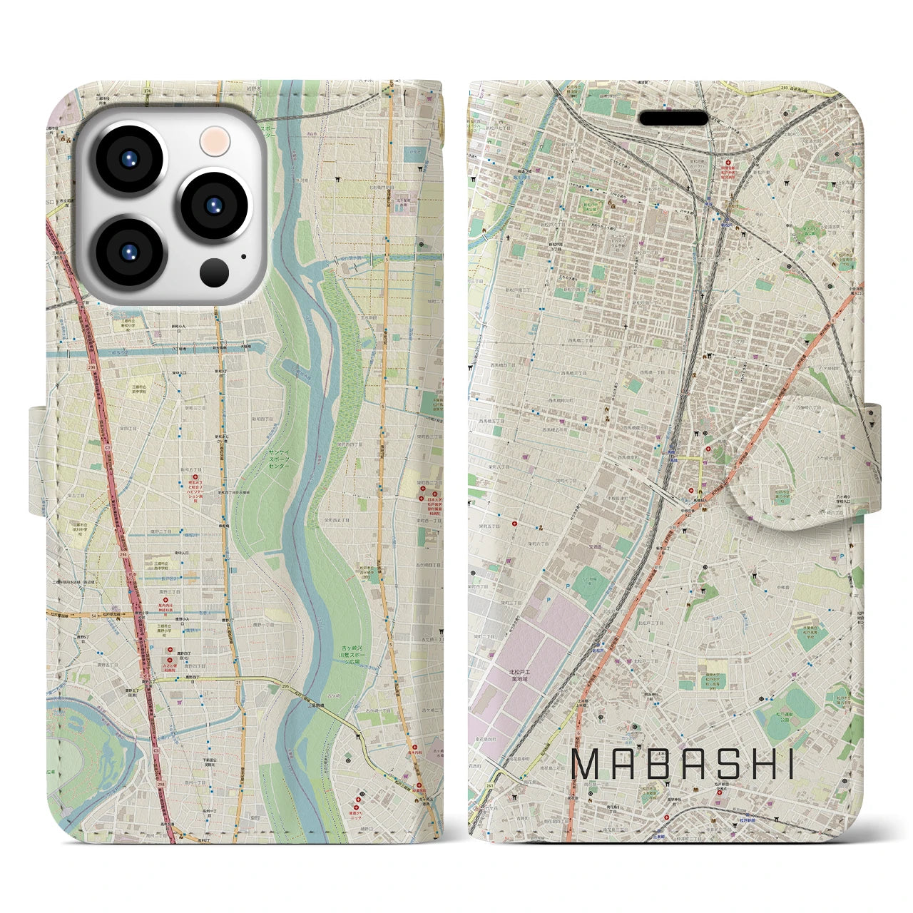【馬橋】地図柄iPhoneケース（手帳両面タイプ・ナチュラル）iPhone 13 Pro 用