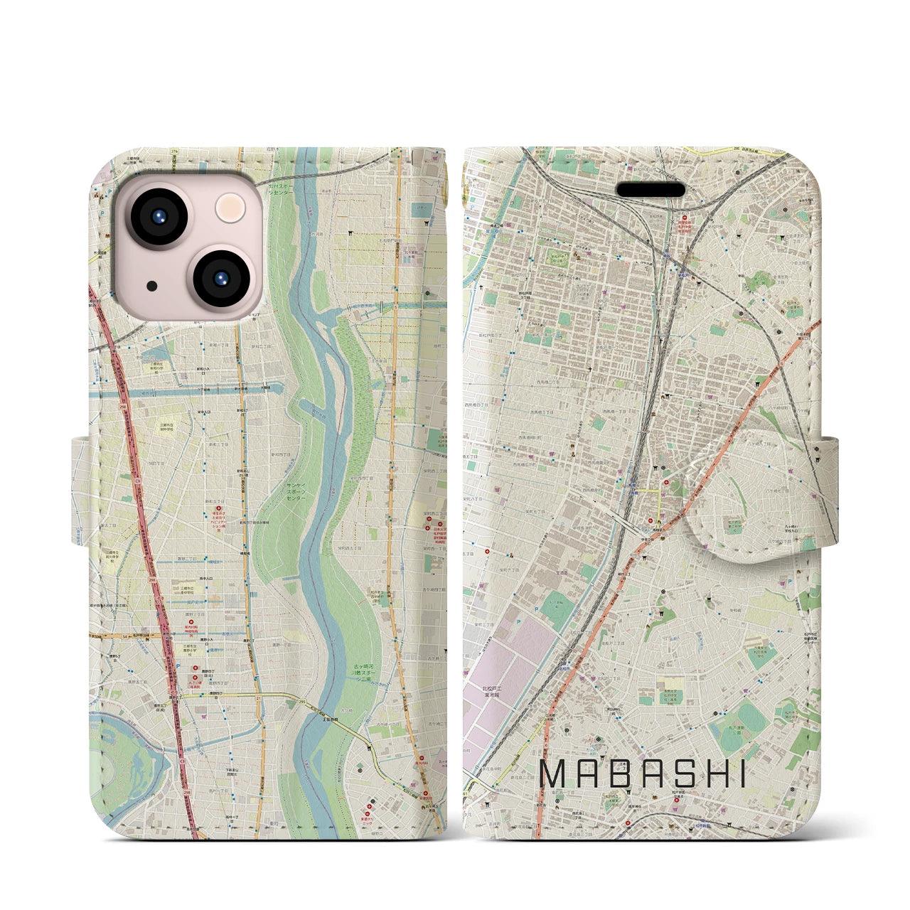 【馬橋】地図柄iPhoneケース（手帳両面タイプ・ナチュラル）iPhone 13 mini 用