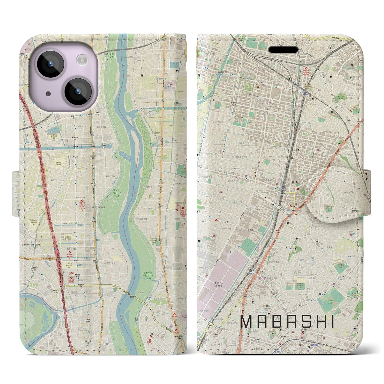 【馬橋】地図柄iPhoneケース（手帳両面タイプ・ナチュラル）iPhone 14 用