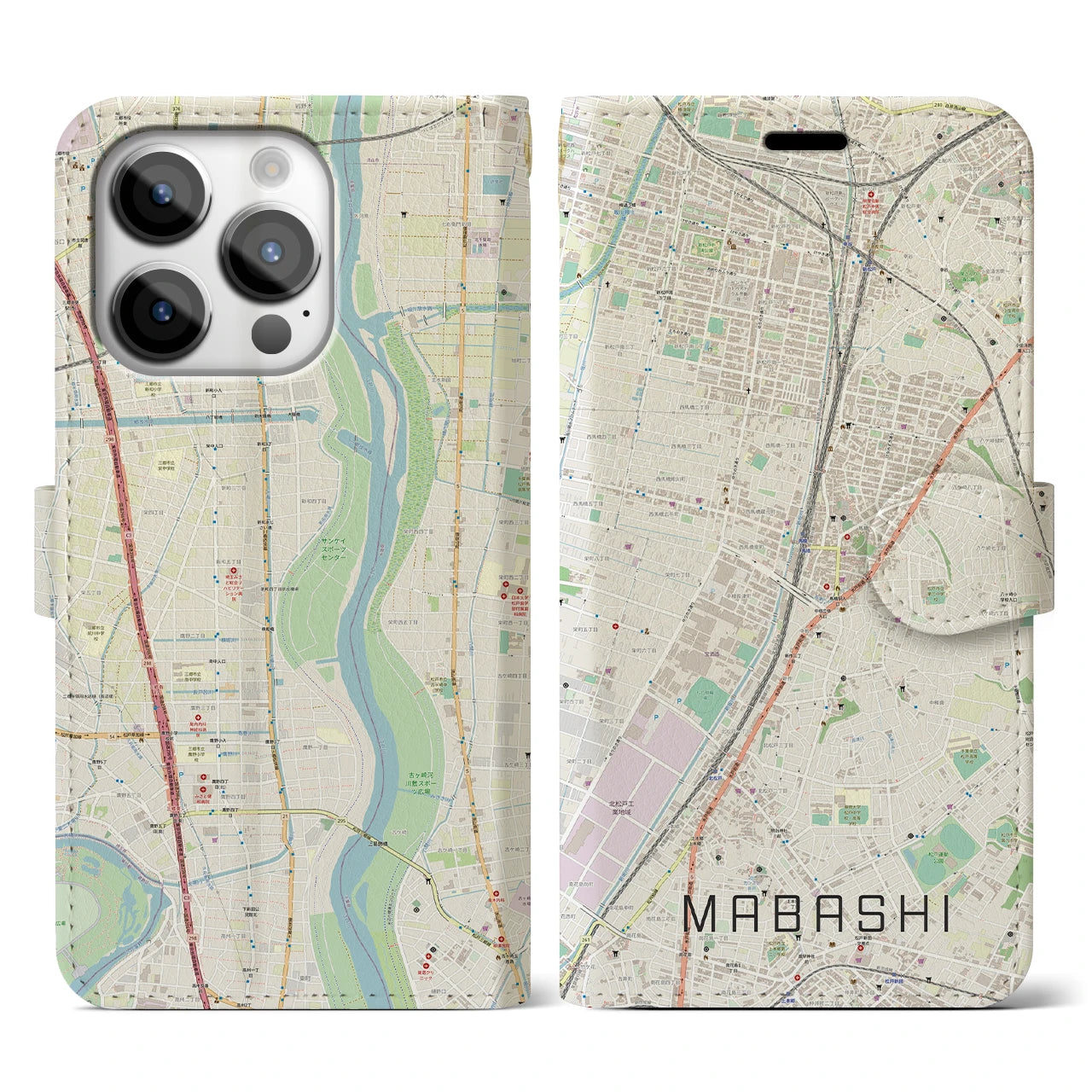 【馬橋】地図柄iPhoneケース（手帳両面タイプ・ナチュラル）iPhone 14 Pro 用