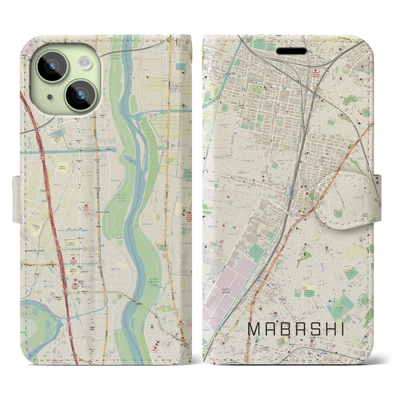 【馬橋】地図柄iPhoneケース（手帳両面タイプ・ナチュラル）iPhone 15 用