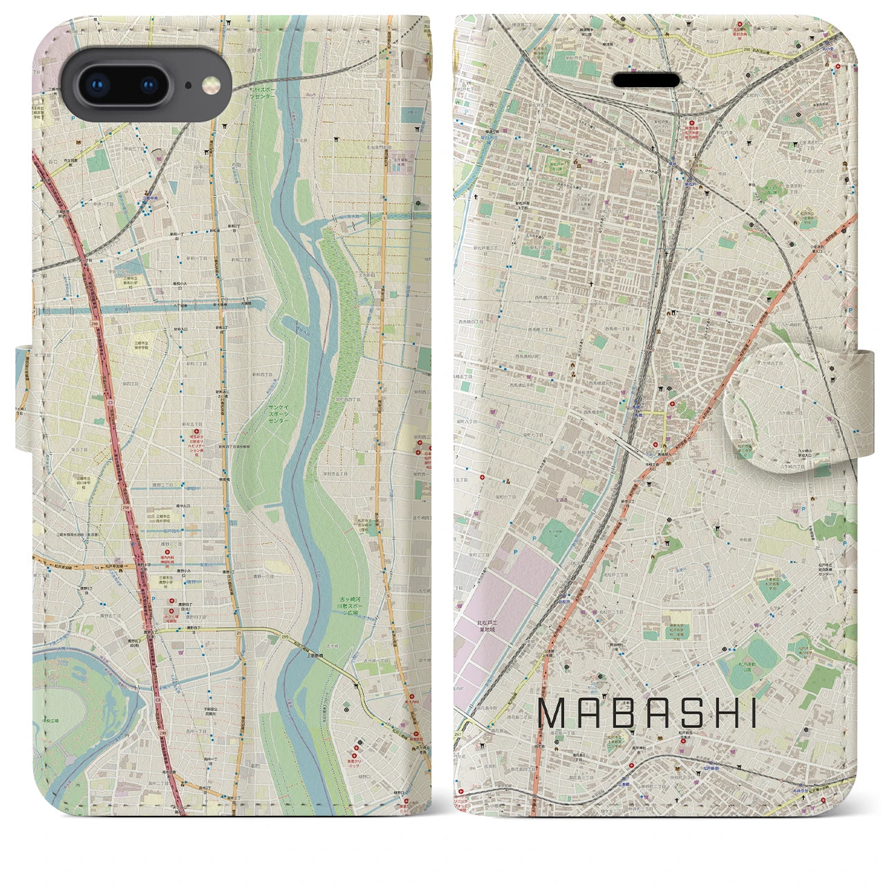 【馬橋】地図柄iPhoneケース（手帳両面タイプ・ナチュラル）iPhone 8Plus /7Plus / 6sPlus / 6Plus 用