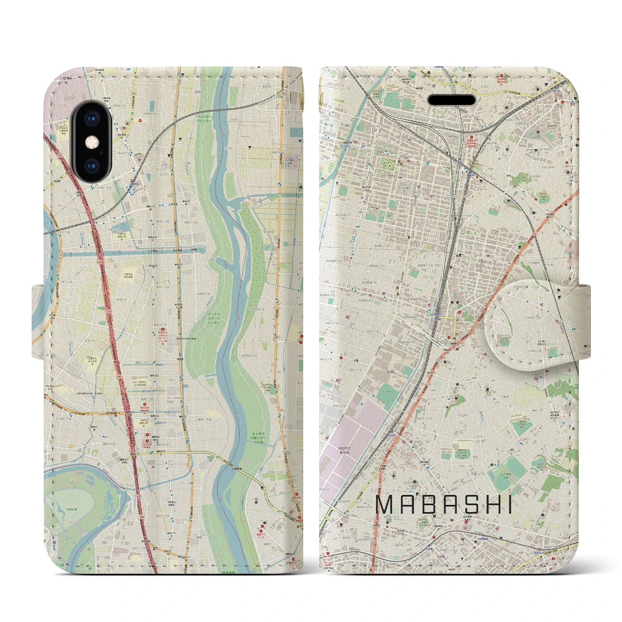 【馬橋】地図柄iPhoneケース（手帳両面タイプ・ナチュラル）iPhone XS / X 用