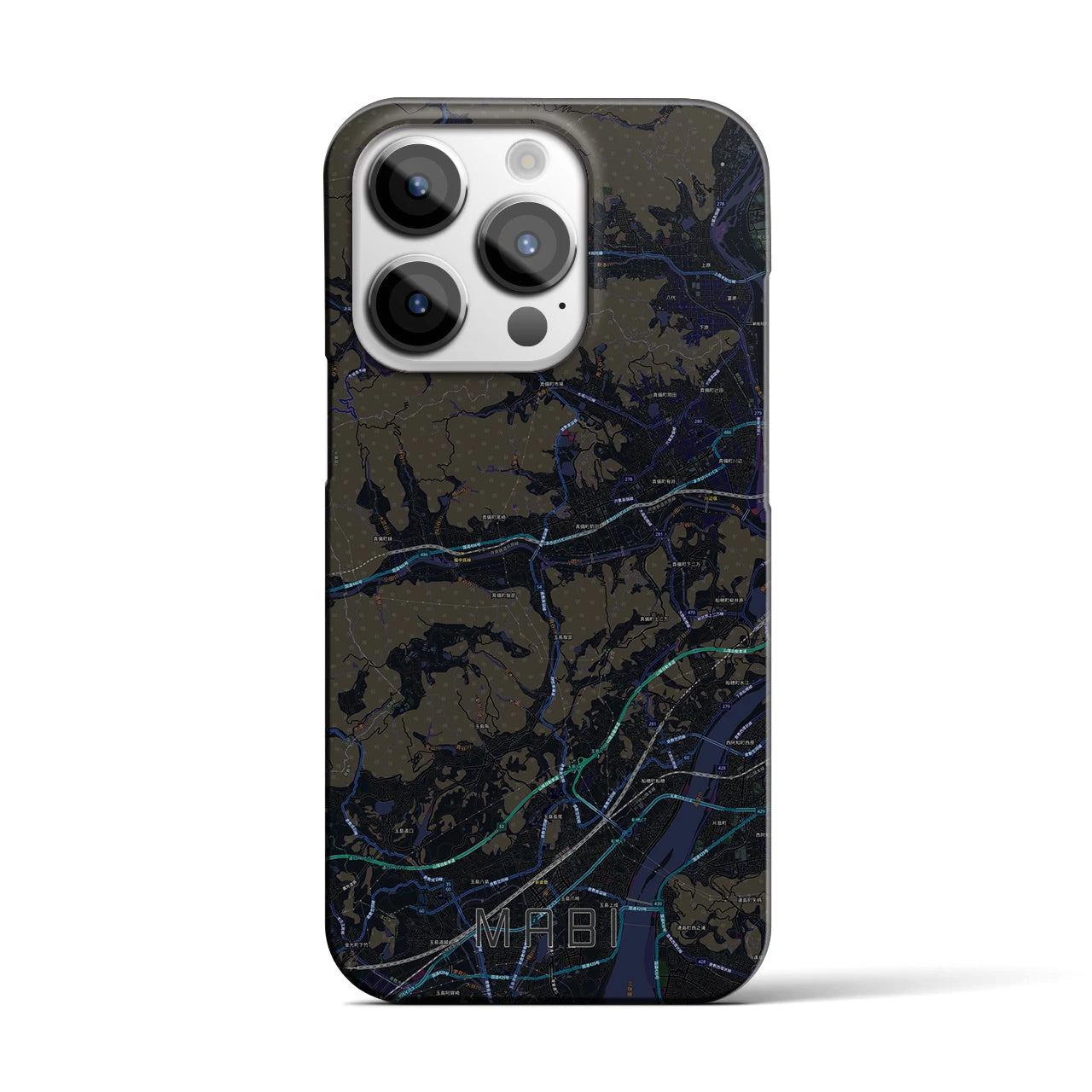 【真備】地図柄iPhoneケース（バックカバータイプ・ブラック）iPhone 14 Pro 用