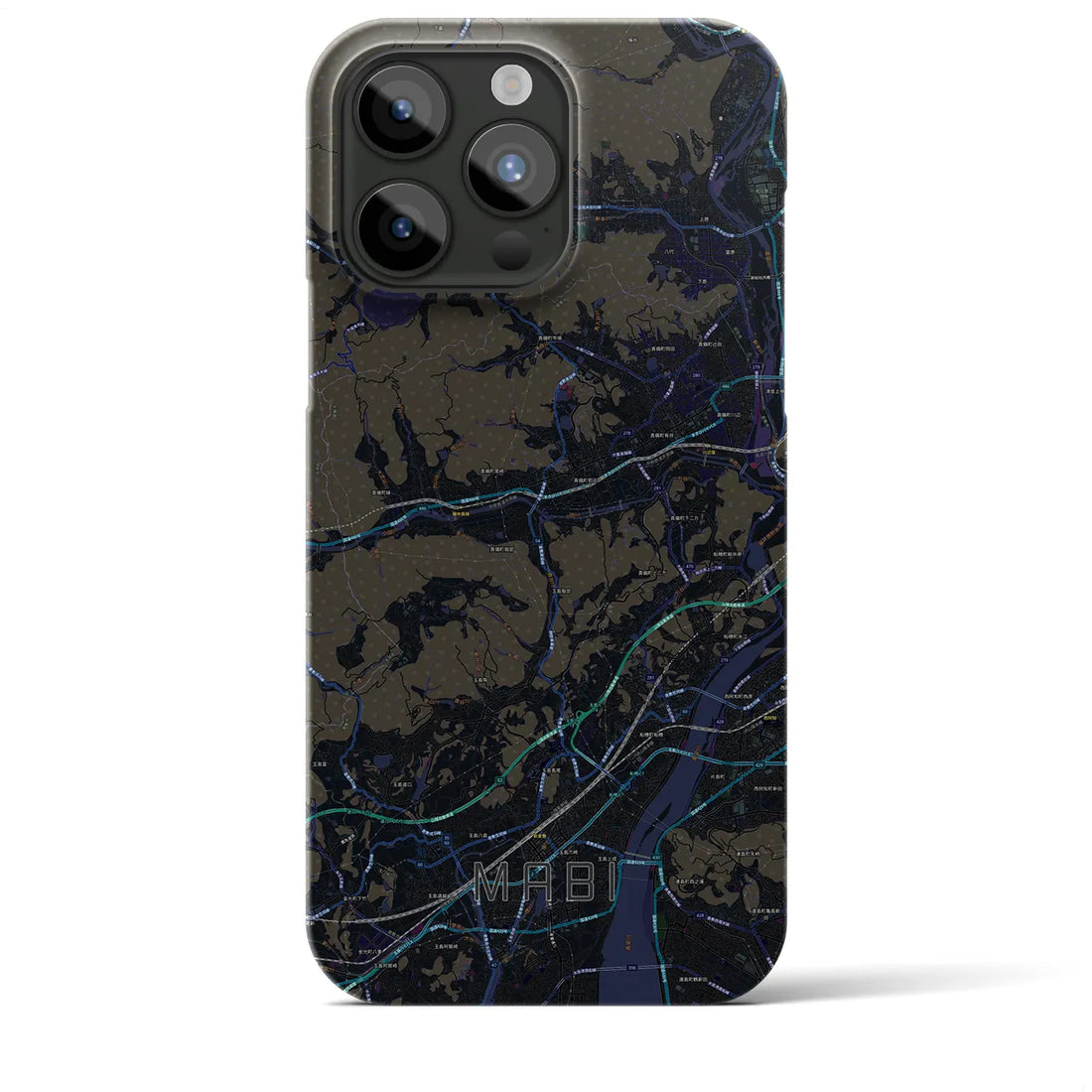 【真備】地図柄iPhoneケース（バックカバータイプ・ブラック）iPhone 15 Pro Max 用