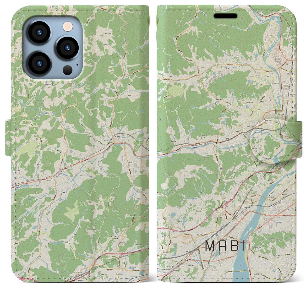 【真備】地図柄iPhoneケース（手帳両面タイプ・ナチュラル）iPhone 13 Pro Max 用