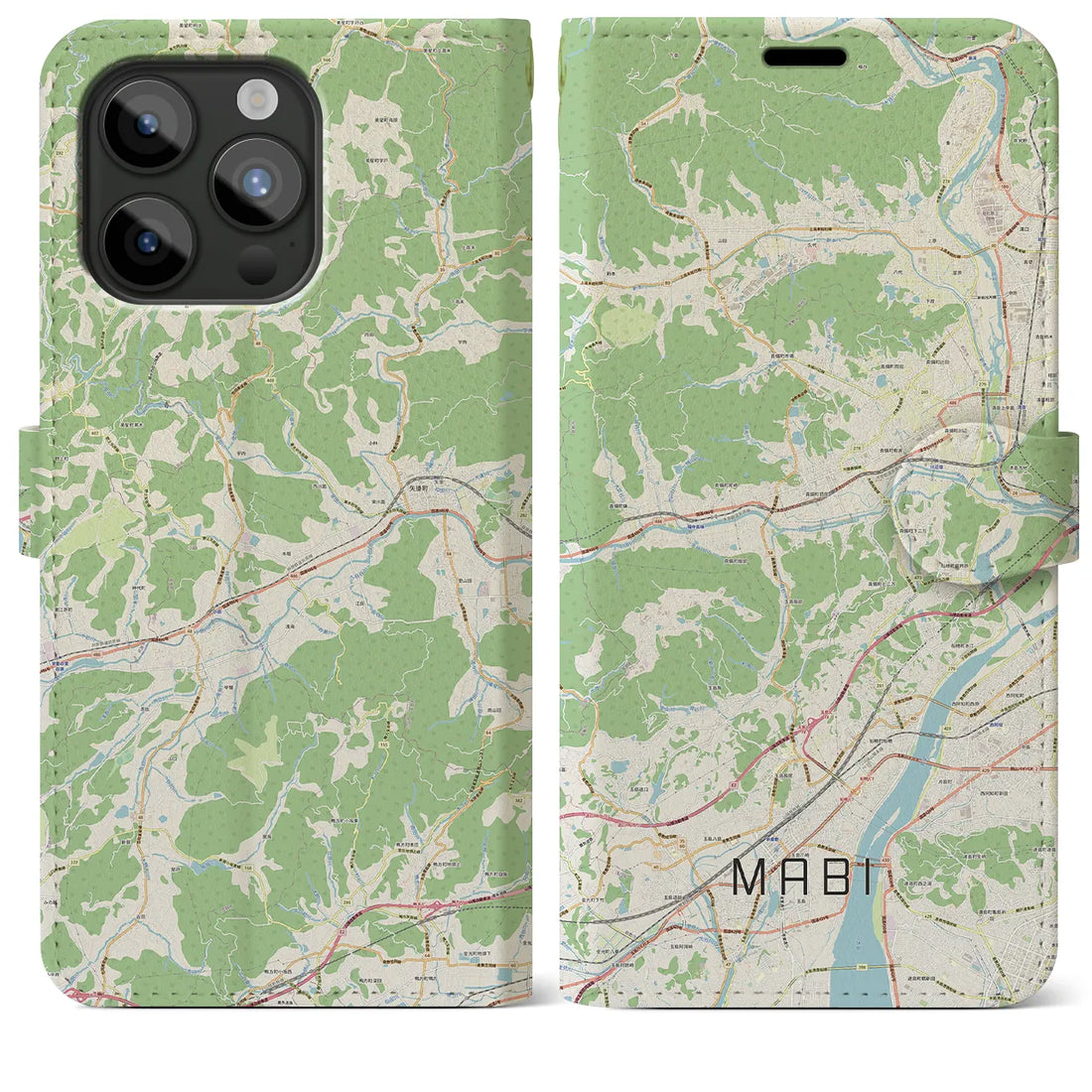 【真備】地図柄iPhoneケース（手帳両面タイプ・ナチュラル）iPhone 15 Pro Max 用
