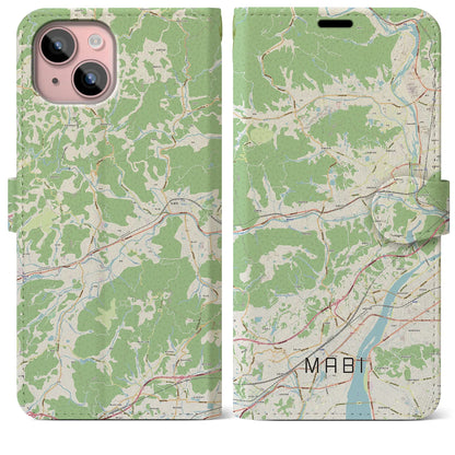 【真備（岡山県）】地図柄iPhoneケース（手帳タイプ）ナチュラル・iPhone 15 Plus 用