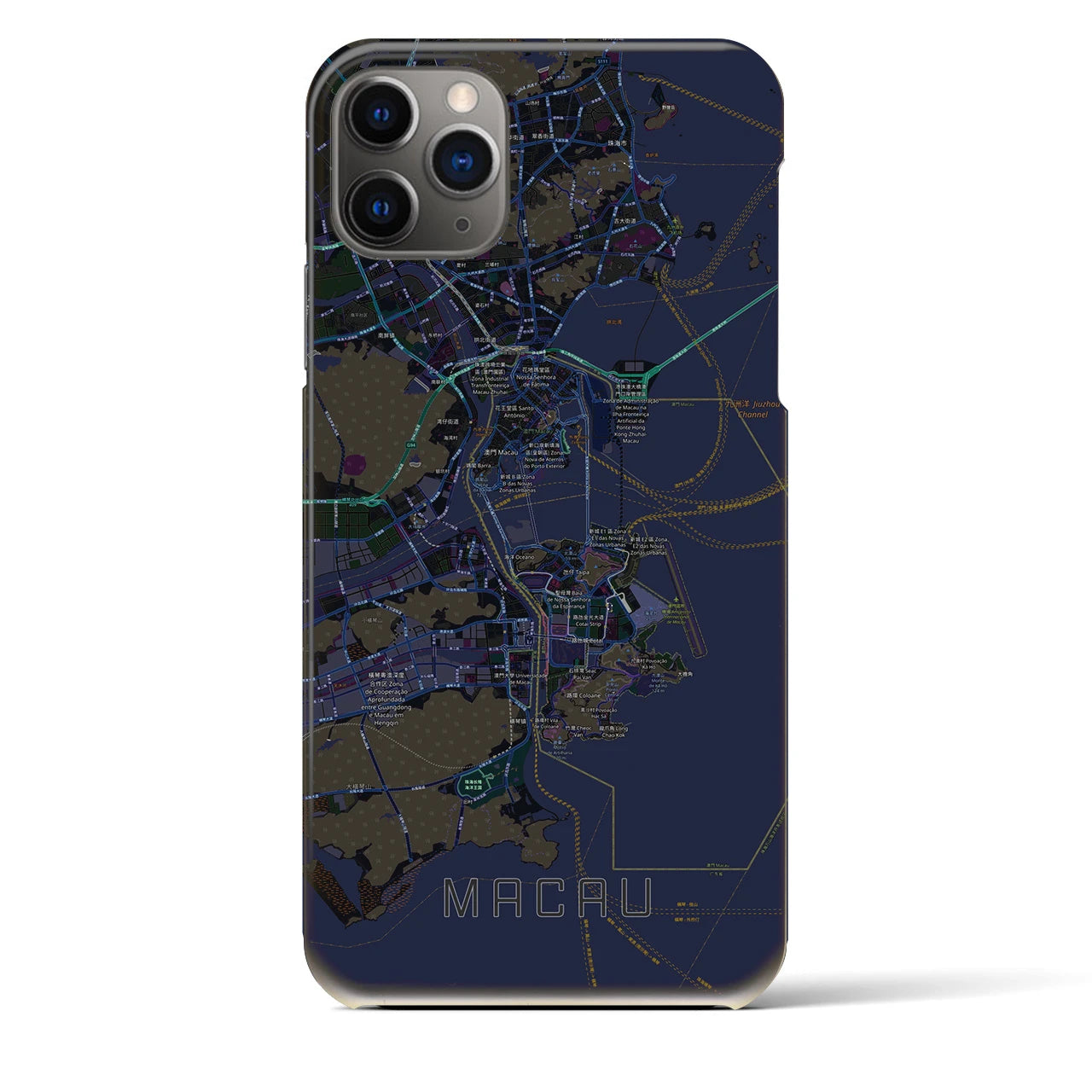 【マカオ】地図柄iPhoneケース（バックカバータイプ・ブラック）iPhone 11 Pro Max 用