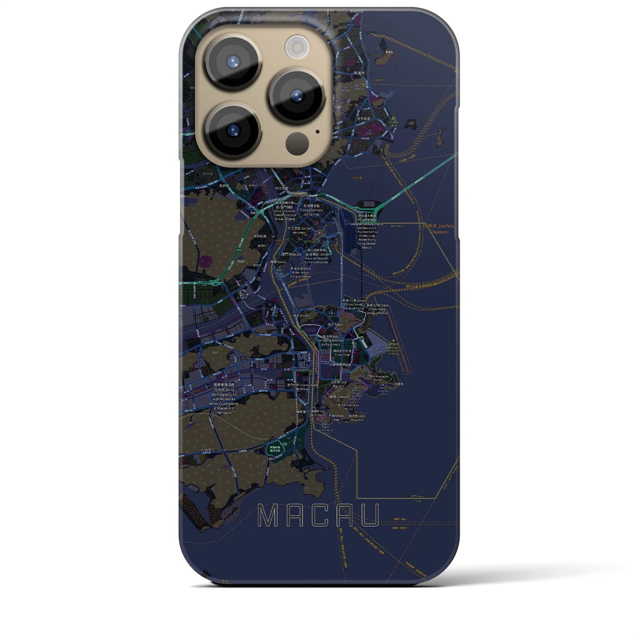 【マカオ】地図柄iPhoneケース（バックカバータイプ・ブラック）iPhone 14 Pro Max 用