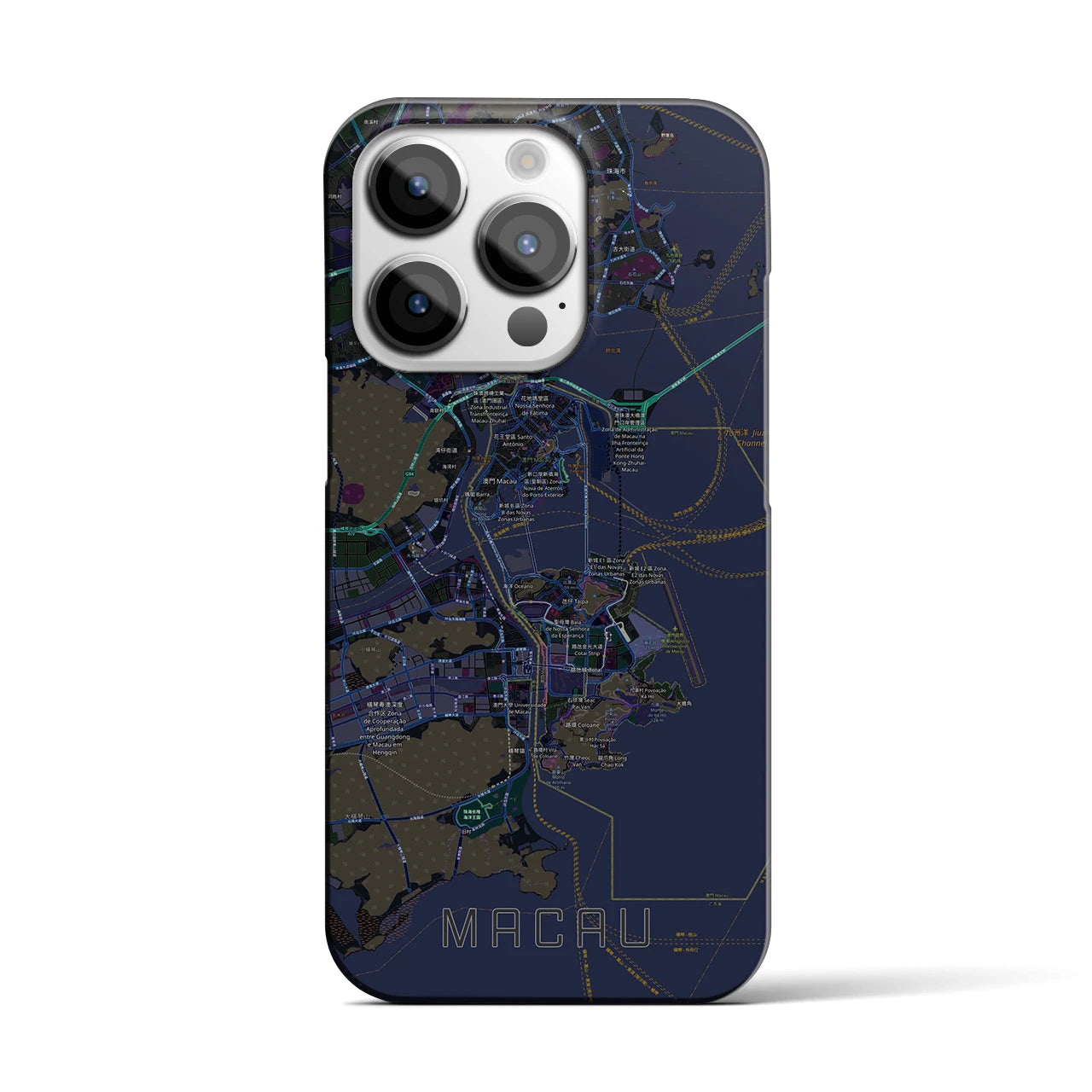 【マカオ】地図柄iPhoneケース（バックカバータイプ・ブラック）iPhone 14 Pro 用