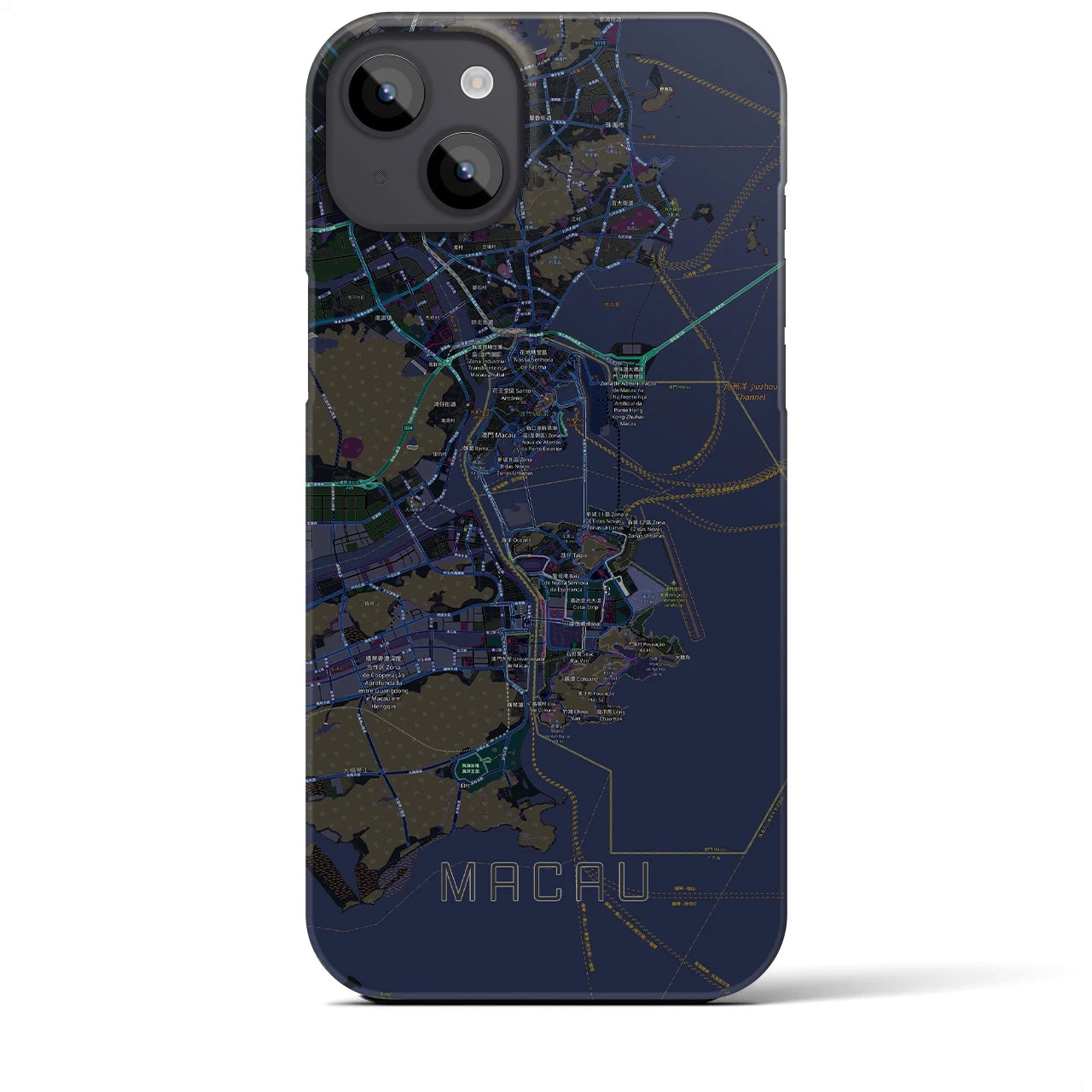 【マカオ】地図柄iPhoneケース（バックカバータイプ・ブラック）iPhone 14 Plus 用