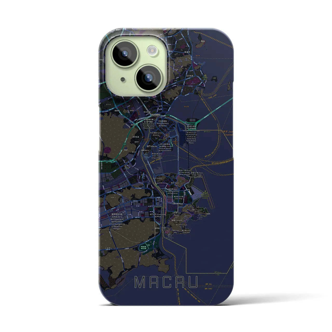 【マカオ】地図柄iPhoneケース（バックカバータイプ・ブラック）iPhone 15 用