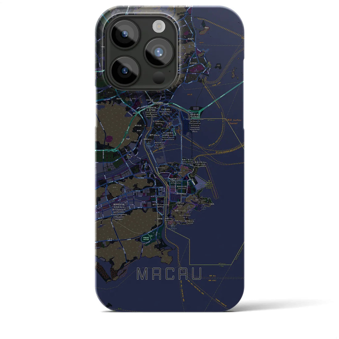 【マカオ】地図柄iPhoneケース（バックカバータイプ・ブラック）iPhone 15 Pro Max 用