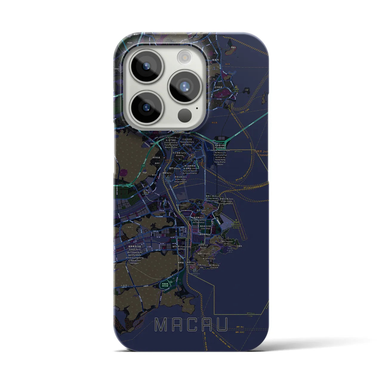 【マカオ】地図柄iPhoneケース（バックカバータイプ・ブラック）iPhone 15 Pro 用