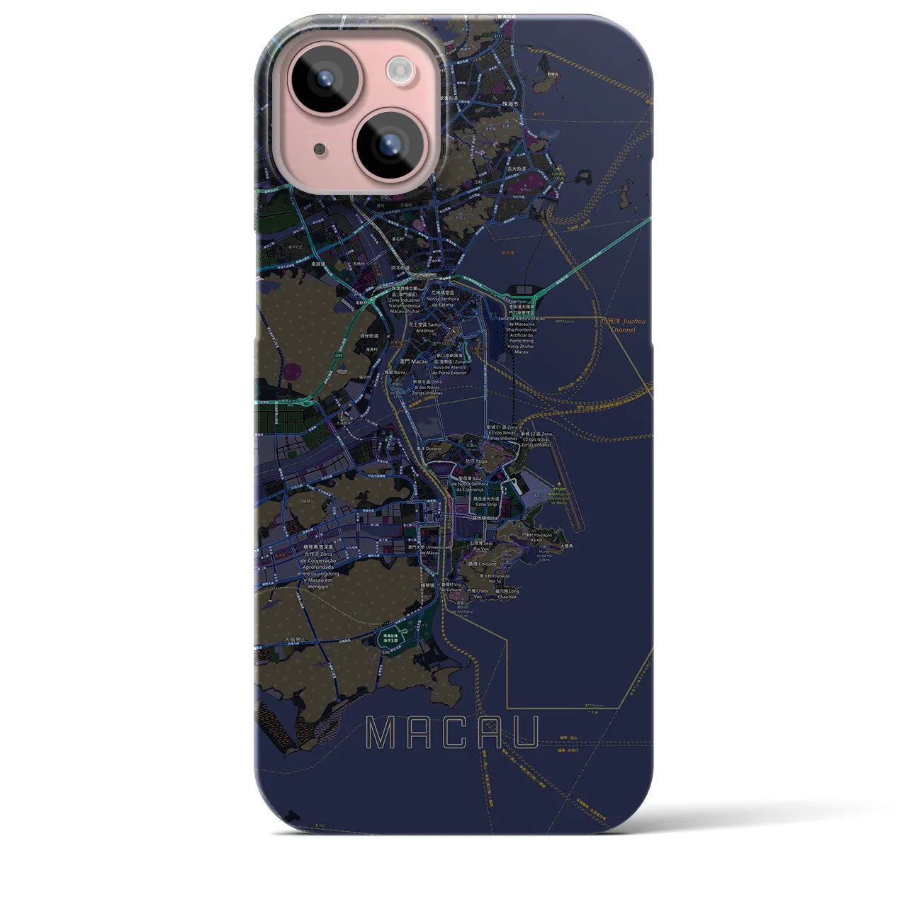 【マカオ】地図柄iPhoneケース（バックカバータイプ・ブラック）iPhone 15 Plus 用