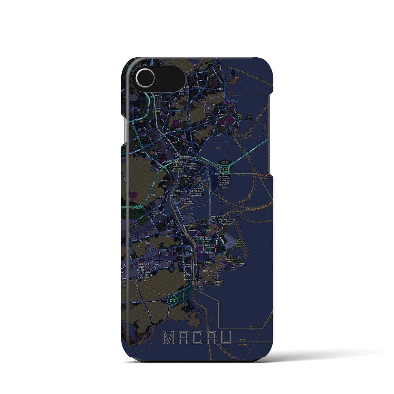 【マカオ】地図柄iPhoneケース（バックカバータイプ・ブラック）iPhone SE（第3 / 第2世代） / 8 / 7 / 6s / 6 用