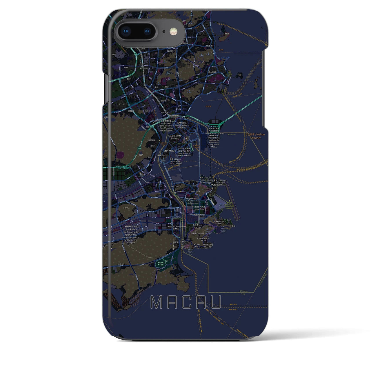 【マカオ】地図柄iPhoneケース（バックカバータイプ・ブラック）iPhone 8Plus /7Plus / 6sPlus / 6Plus 用