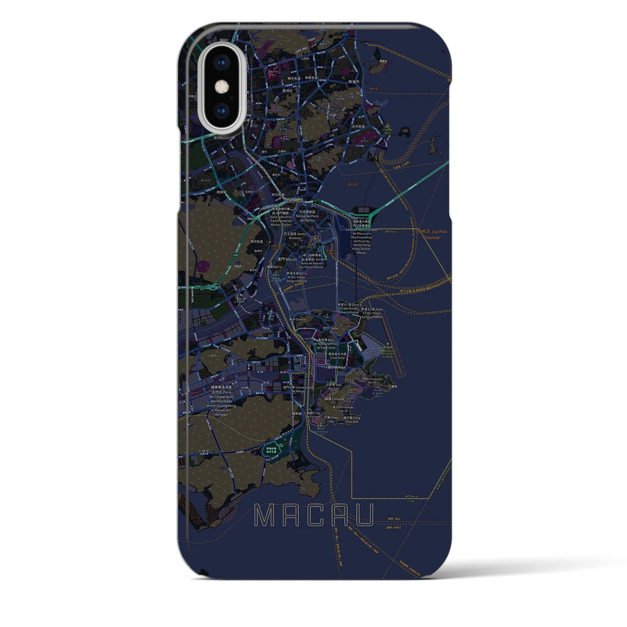 【マカオ】地図柄iPhoneケース（バックカバータイプ・ブラック）iPhone XS Max 用