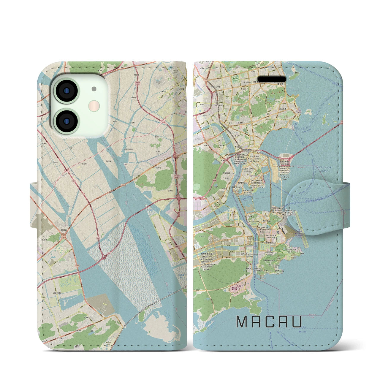 【マカオ】地図柄iPhoneケース（手帳両面タイプ・ナチュラル）iPhone 12 mini 用